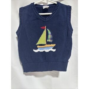 Talbots Kids‎ Boys Size 3 Blue Sweater Vest Sailboat Design Knit Cotton
